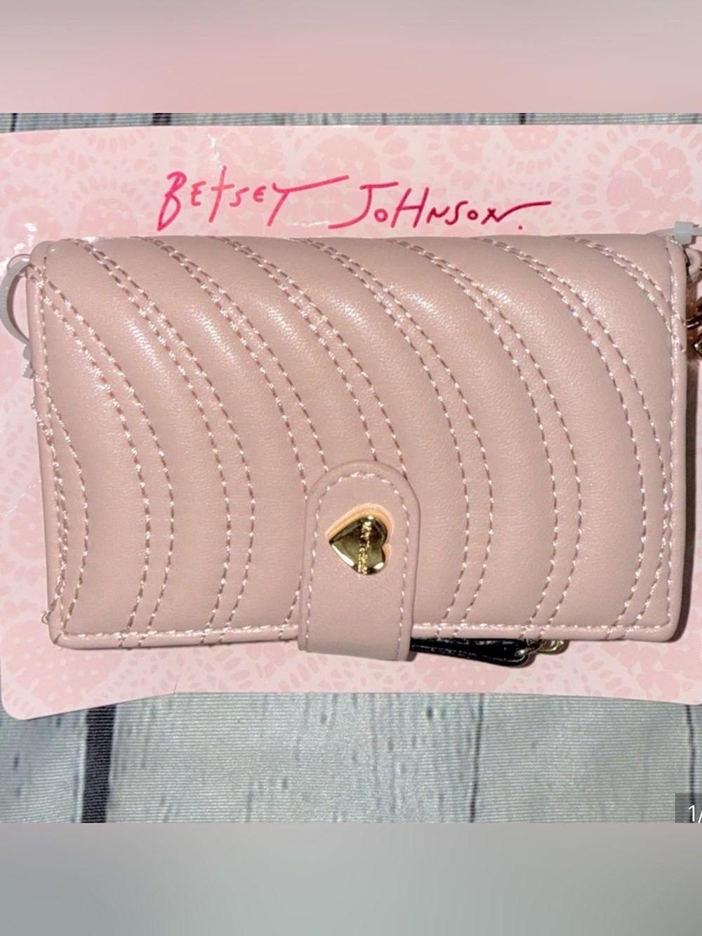 Betsey Johnson Pale Pink Quilted Wallet with Gold Heart Detail